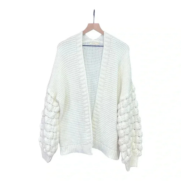 Harper Heritage Sweaters - Harper Heritage Chunky Knit Bubble Sleeve Open Front Cardigan Sweater Ivory Lg